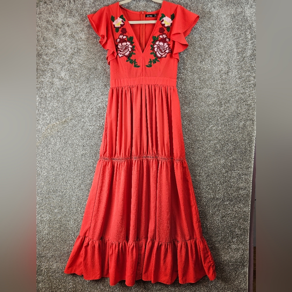 Boohoo Orange Smocked Maxi Dress with Flutter Sleeves 6 Wedding Guest Festival